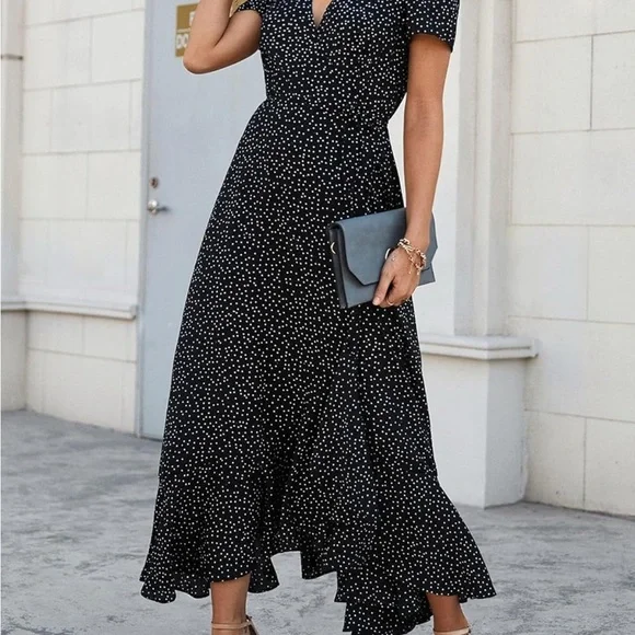 Blue High-Low Wrap Sundress with Flutter Sleeves - Picture 4 of 7